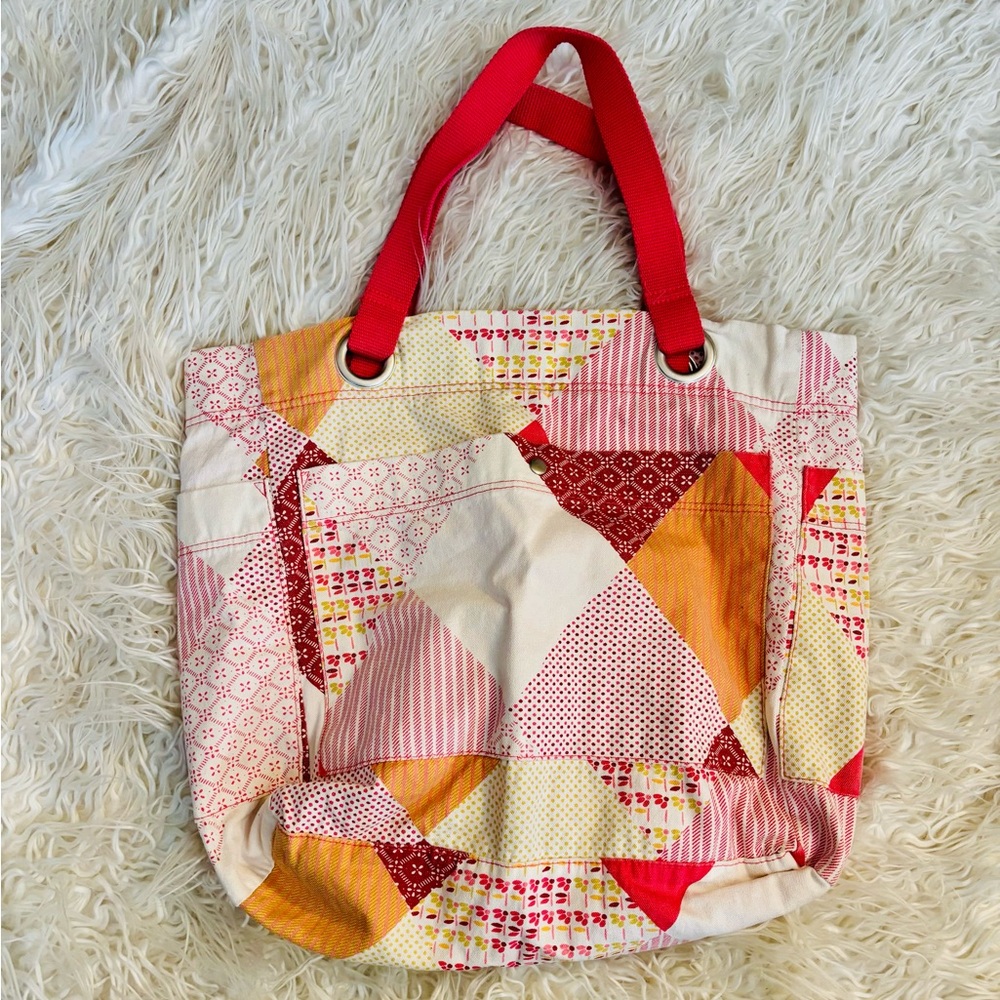 Patchwork Tote Bag with Red Handles - image 1
